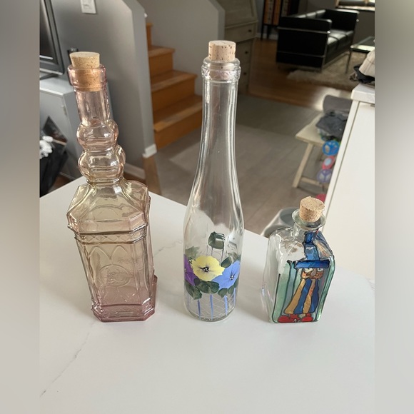 Art 3 Glass Bottles From My Moms Collection 2 Hand Painted Glass